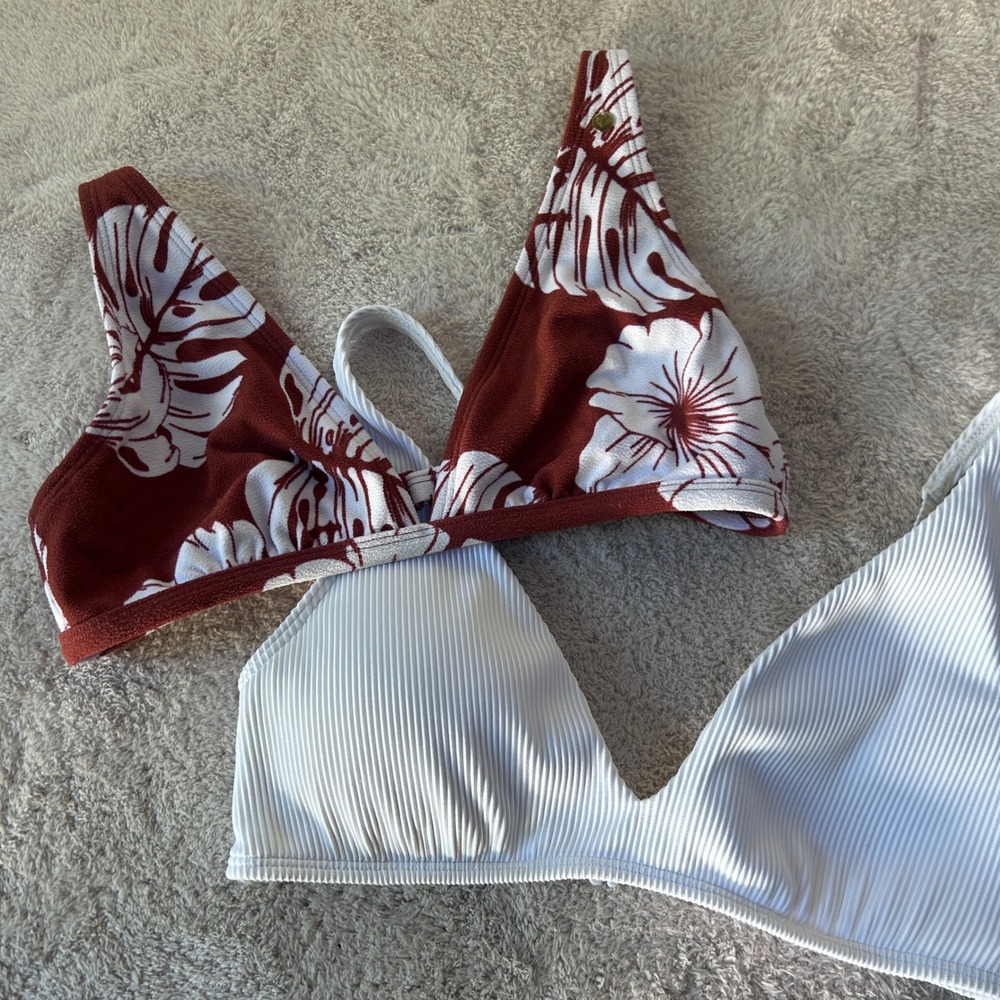 Roxy Bikini Top Lot 2pc Medium Rust Tropical Floral White Bralette Swim